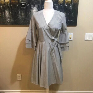 Calvin Klein Striped Wrap Midi Dress with Layered Bell Sleeves-Size 4